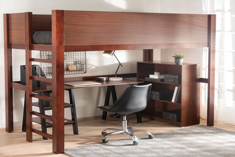 Modern_Workspace_Bedroom_with_a_Mid-Century_Full_Loft_Bed,_Wooden_Corner_Desk_with_Storage_and_Computer,_Accented_by_a_Black_Office_Chair,_Against_White_Walls